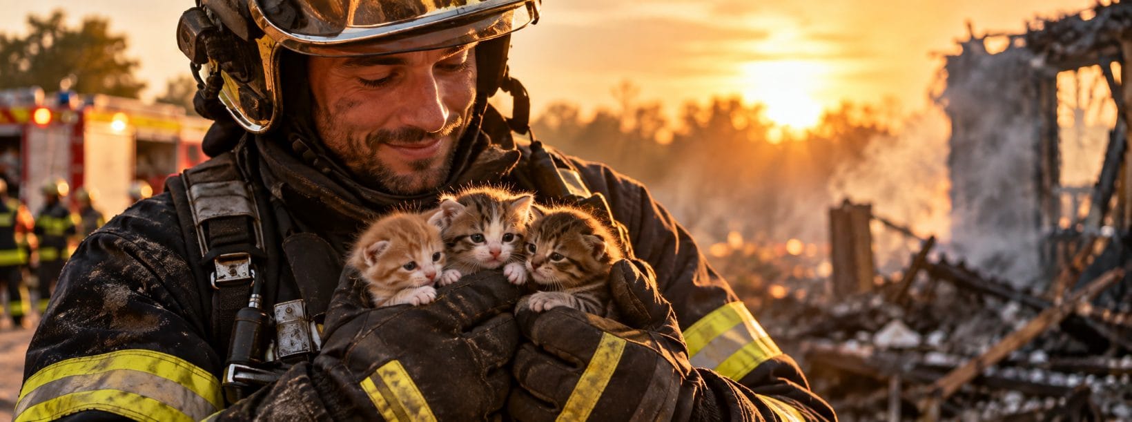 Pompier tenant des chatons sauvés d'un incendie